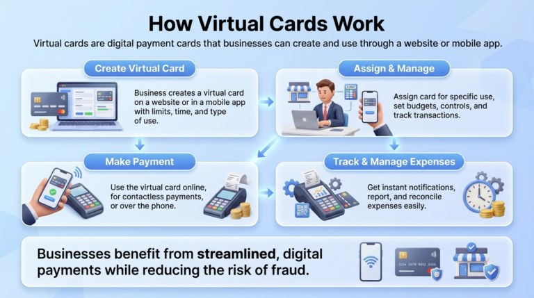 Professional 4-step business virtual card process infographic showing card creation, management, payment, and expense tracking on a modern blue gradient background.