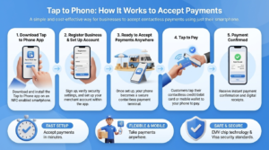 Tap to Phone payment process showing how businesses accept contactless payments using an NFC-enabled smartphone