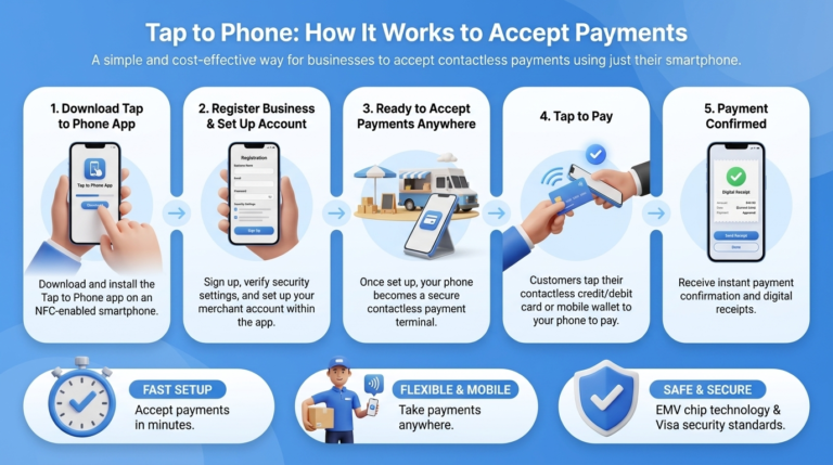 Tap to Phone payment process showing how businesses accept contactless payments using an NFC-enabled smartphone