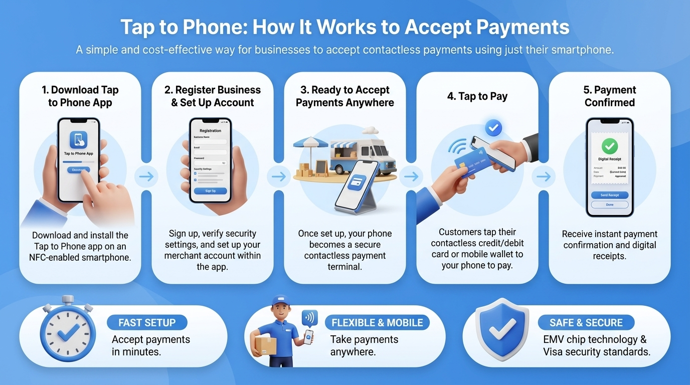 Tap to Phone payment process showing how businesses accept contactless payments using an NFC-enabled smartphone