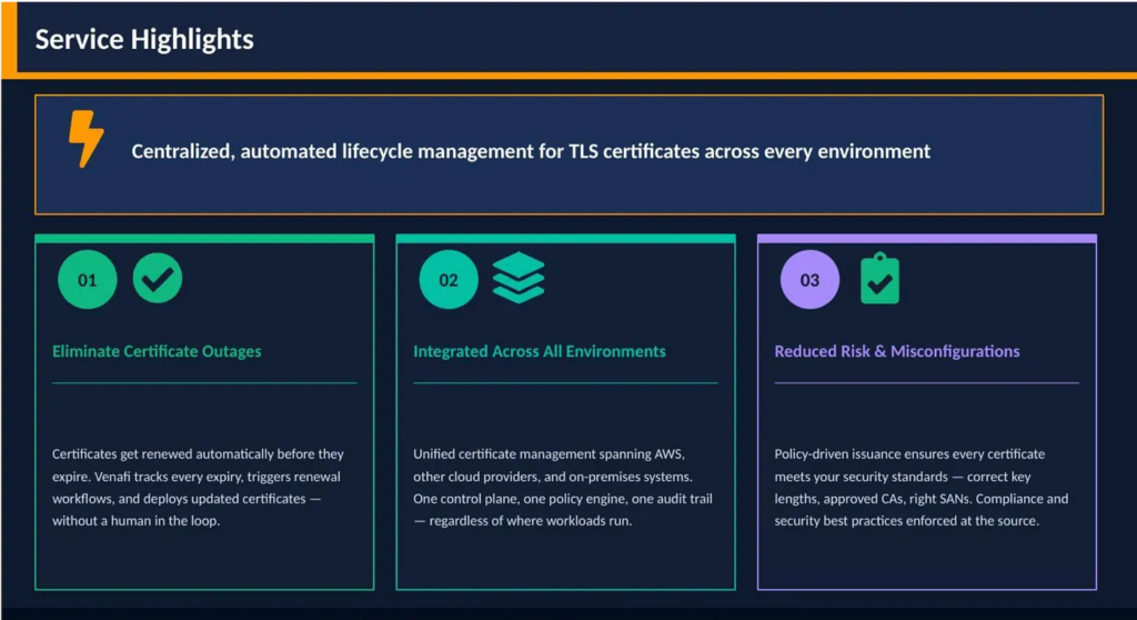 The three headline service highlights: eliminate outages, integrated environments, and reduced misconfiguration risk.