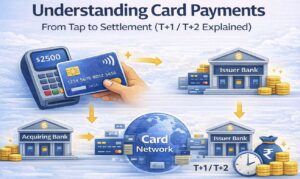 Understanding card payment processing flow from payment authorization to T+1/T+2 settlement involving acquiring banks, issuer banks, and card networks.