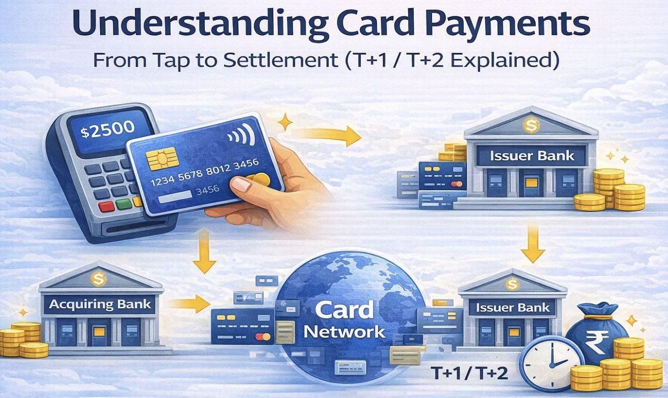 Understanding card payment processing flow from payment authorization to T+1/T+2 settlement involving acquiring banks, issuer banks, and card networks.