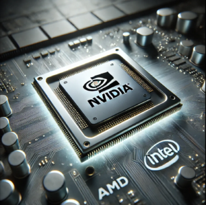 AI semiconductor chip featuring NVIDIA branding on a motherboard alongside Intel and AMD logos, representing competition in the AI inferencing hardware market