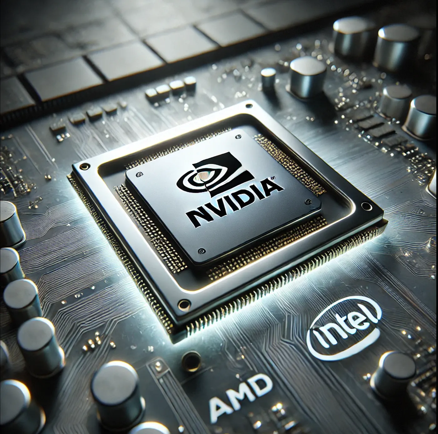 AI semiconductor chip featuring NVIDIA branding on a motherboard alongside Intel and AMD logos, representing competition in the AI inferencing hardware market
